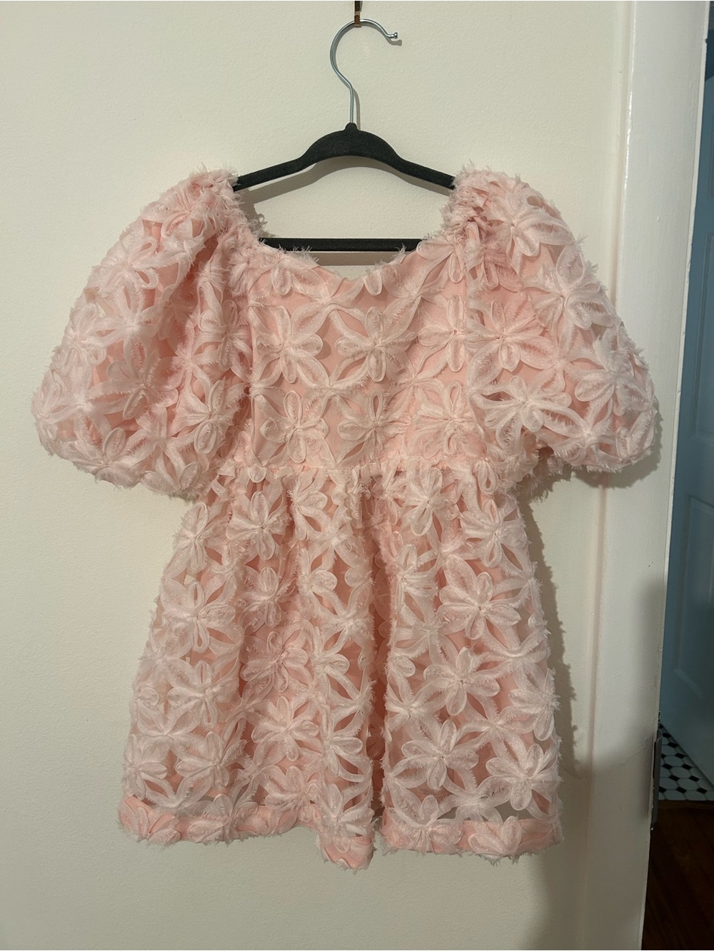 Jessica Simpson Blush Pink Floral Appliqué Puff Sleeve Dress